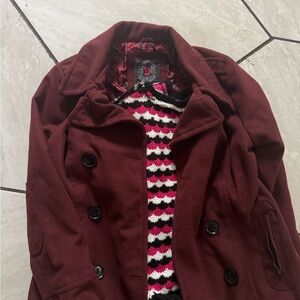 Burgundy Double-Breasted Coat with Striped Sweater